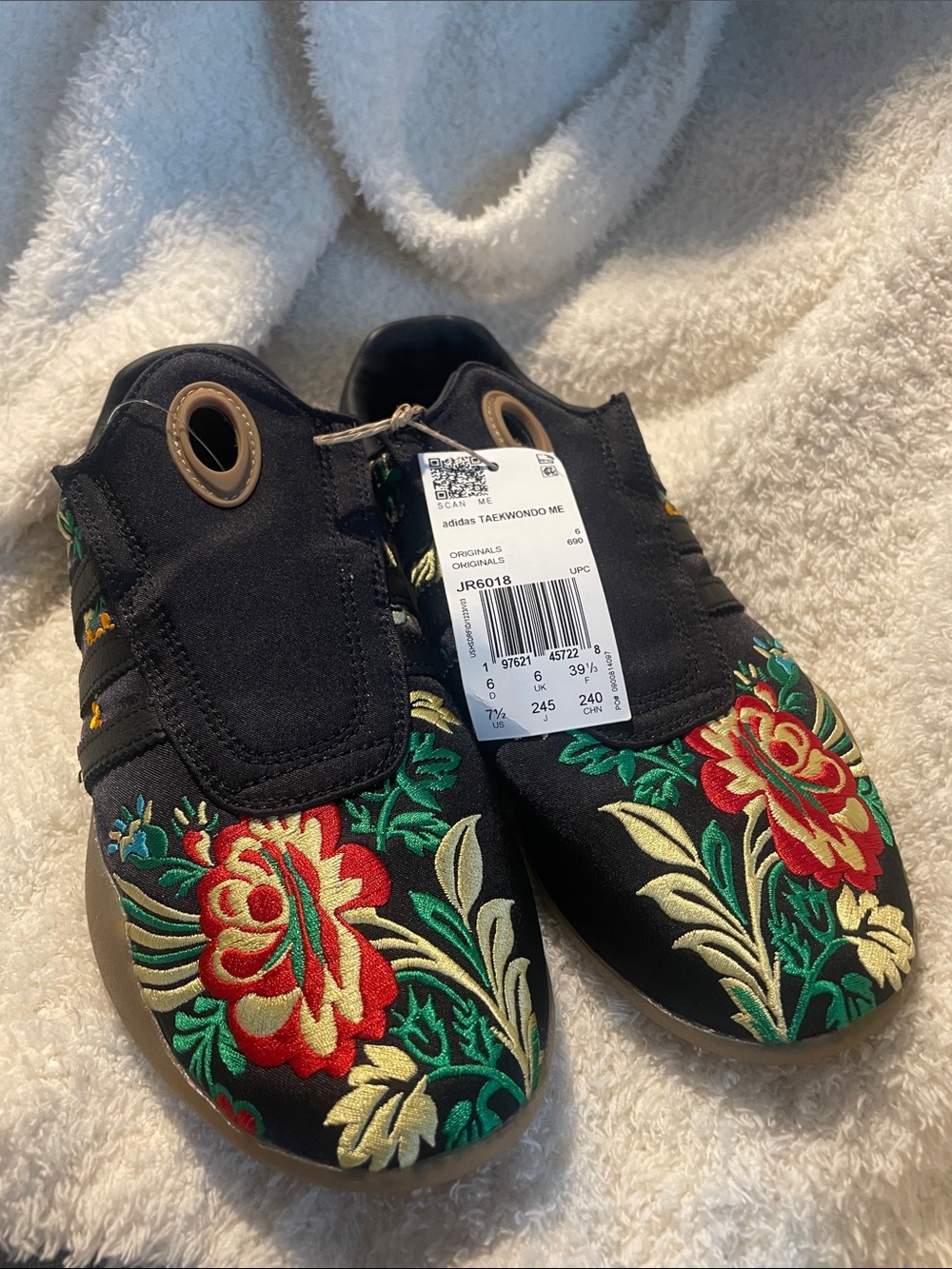 adidas Black Taekwondo Slip Ons with Embroidered Red and Green Floral Design